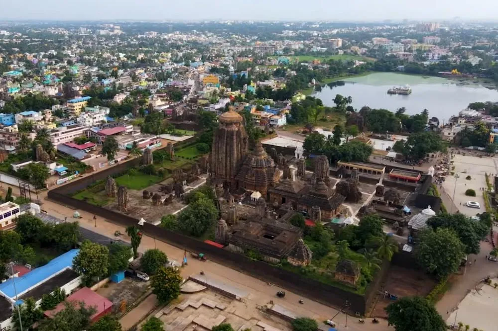 An aerial view of the temple complex, with Bindusagar Lake beyond