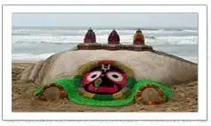 A sand sculpture of Lord Jagannath on the beach